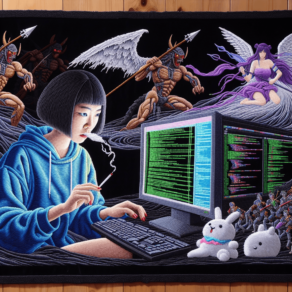 Against a stark black background, imagine an intricate tapestry crafted from hand-stitched threads. In the depicted scene, a character draws inspiration from anime aesthetics but stands unique with their short black hair. The character appears troubled and desolate, sitting alone in a confined room. The room strongly suggests isolation and confinement. The character is uncannily connected to a computer through wires protruding from their back, as if morphing into a piece of technology themselves. As an addition to the bleak composition, the character smokes a cigarette, with its smoke bizarrely twisting and curving to form strings of codes.A highly detailed embroidery on black velvet exhibits an East Asian woman with cropped hair, deeply focused on coding at her computer. A smoldering cigarette loosely held between her fingers lets out tendrils of smoke. Surrounding her is a nightmarish yet intriguing depiction of flowing codes, mimicking binary numbers. Inside this fortress-like computer architecture, intense battles ensue between cybernetic angels and spears-wielding goblins, clad in dramatic capes, all richly represented through intricate threadwork. The goblins are mounted on fearsome werewolves adding an animalistic aspect. The angels radiate vibrancy, with a spectrum of hues beautifully captured in the embroidery. An ice-blue dragon poster adds grandeur to the scene, appearing on the wall of her room. A comforting dichotomy is presented with a soft plush bunny depicted as an anime maid lying on the wooden floor. This complex imagery of a contemporary coder's universe testifies both to the woman's mastery over codes and the embroiderer's artistry.