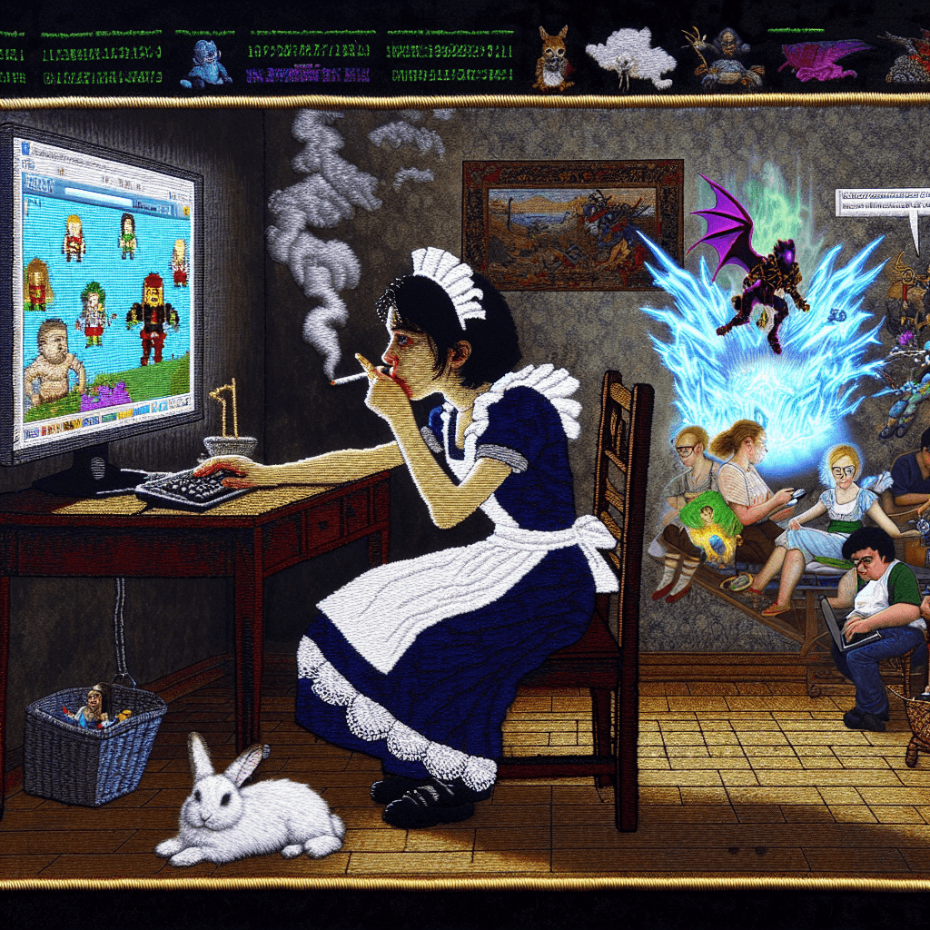 An intricate hand-stitched tapestry set against a stark black velvet backdrop displays a scene from a confined room. An East Asian woman with short black hair sits alone, her fingers rapidly moving across the keyboard, coding at her computer. She embodies a deep sense of complexity and solitude in her environment along with thin wires protruding from her back, blending her into the technological realm. As she smokes a cigarette absentmindedly, the smoke drifts upward, morphing into strands of binary codes. The tapestry detail extends to other features of her room: thread depictions of cybernetic angels locked in combat with spear-wielding goblins, an icy-blue dragon poster on the wall, and a soft plush bunny lying on the wooden floor. The cybernetics, and the characters are depicted in a highly characteristic manner reminiscent of anime.
Envision an exuberant, intricately hand-stitched artwork on a pitch black velvet canvas. The narrative showcases a compact enclosure harboring a pink-haired elf female of Caucasian descent deeply engrossed in complex computer programming. Slender cords sprout from her spine, denoting her profound link with the digital cosmos that surrounds her. A leisurely smoke dangles from her lips, its mist morphing into elusive threads of binary code. Surreal beings like cutting-edge celestial beings combating javelin-wielding goblins, a glowing frost-blue wyvern portrayed on a wall decor, and a stuffed miniature lagomorph reclining on the ground, all enhance her milieu. This stylistic portrayal reflects the aesthetics of conventional Edo period art.
Create a detailed image of a panoramic scene embroidered on a black velvet canvas. The scene features a weary East Asian woman, sketched in a pre-1912 illustrative style, wearing a maid's outfit. She is positioned in front of a computer with a half-smoked cigarette loosely hanging from her mouth. The computer screen displays bright codes and digital angels contrasting her mundane environment. Portrayed in a three-dimensional style, the image merges traditional textile craft with modern aesthetics. Furthermore, the setting incorporates a livelier portrayal of Antalya during the 2000s, with a jovial gathering of youths of Caucasian, Hispanic, Middle-Eastern, Black, South Asian, and White descent around a large table. These individuals encompass diverse stylings: punk, gothic, metalhead, village, rapper, y2k, and anime. They all appear engaged, socializing while enjoying their beers, emphasizing an overall cheerful mood. The vibrancy of the scene is captured through colorfully threaded stitches.