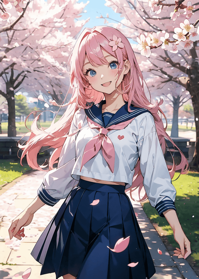 A cheerful anime girl with long, flowing pink hair and bright blue eyes. She wears a classic sailor-style school uniform with a navy blue skirt and white top. The setting is a cherry blossom park during spring, with petals gently falling around her
