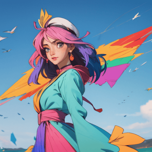 ayyy the in sky, kite, colorful g, beautiful lady with hat, colorful dress, highly detailed