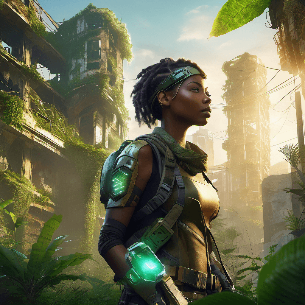 A young African female explorer in post-apocalyptic city ruins, amidst lush greenery. She's wearing makeshift armor and holds a glowing futuristic device. The scene combines nature's overgrowth with decaying urban structures, under an early morning golden light, evoking a sense of mysterious resilience.