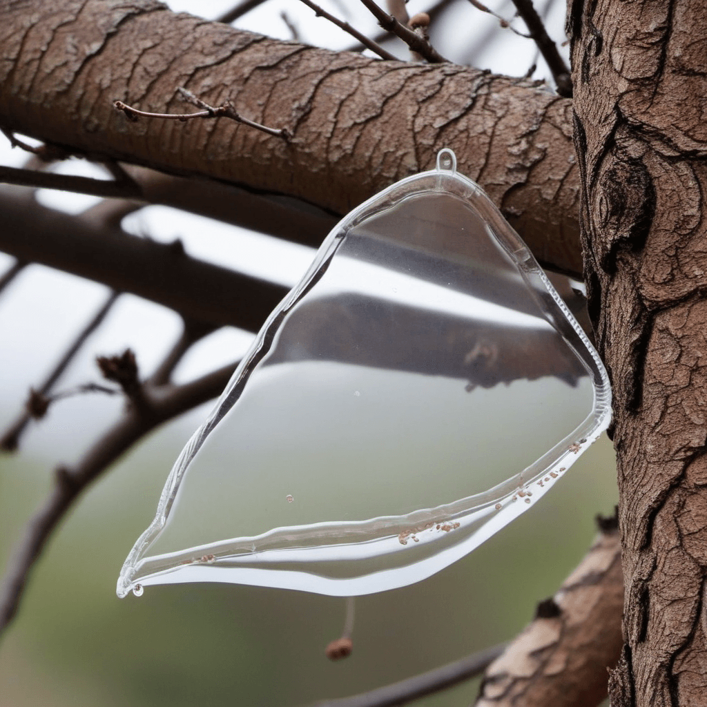 Picture of a piece of transparent plastic melting and oozing fluidly over a pile of small tree branches