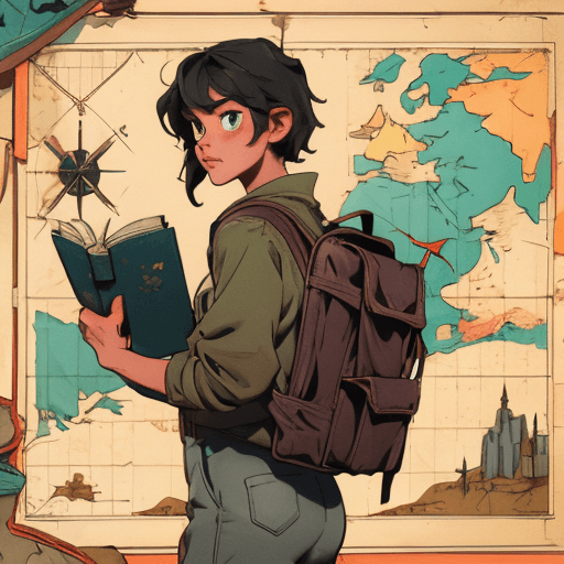 The adventurer packing supplies, a map, and an old book into a backpack, determination in their eyes.