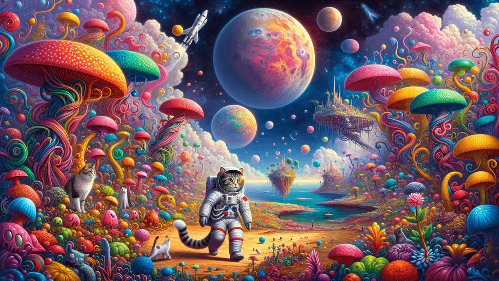 a whimsical and vibrant digital painting of a cat astronaut exploring a colorful, surreal alien landscape, with fantastical plants and floating islands, under a sky filled with multiple moons and a distant galaxy, in a style blending Studio Ghibli and Salvador Dali