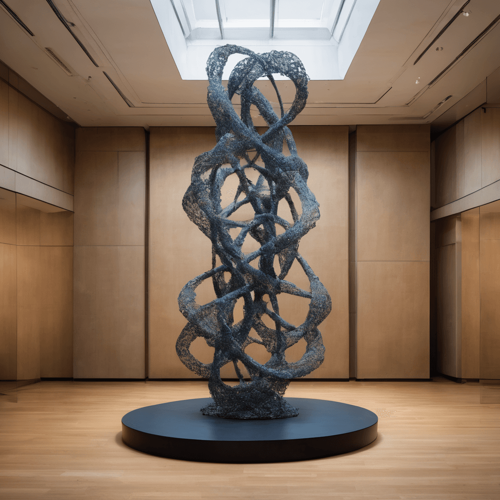 The sculpture may include a group of abstract figures, representing particles in the quantum world. The figures could be in a complex dance movement that seems to entangle, twist and intertwine with each other. This symbolizes the entanglement between particles.