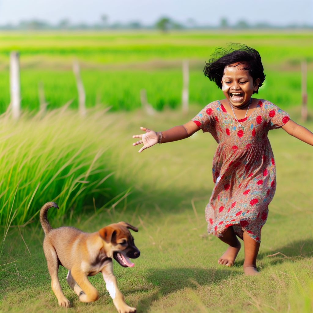 a kind hearted small girl with its puppy playing in an open grass land 