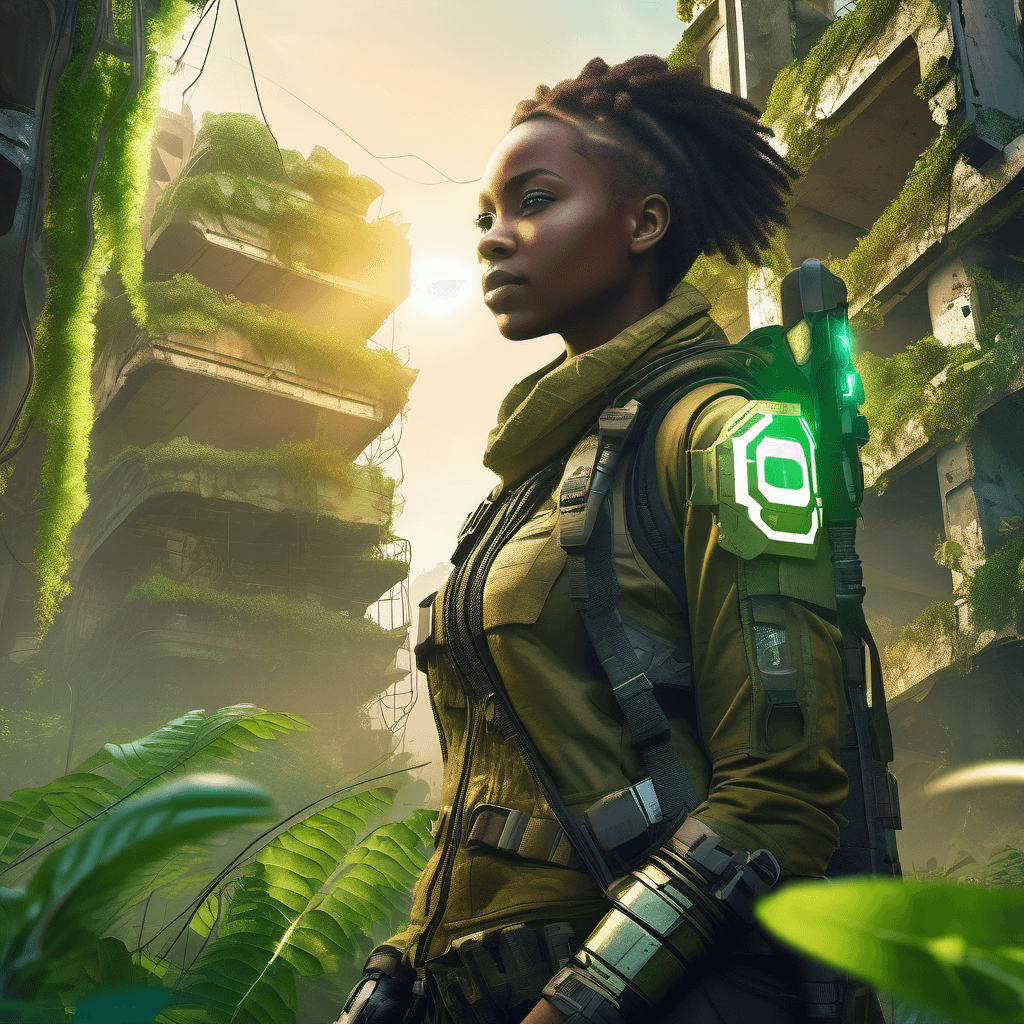 A young African female explorer in post-apocalyptic city ruins, amidst lush greenery. She's wearing makeshift armor and holds a glowing futuristic device. The scene combines nature's overgrowth with decaying urban structures, under an early morning golden light, evoking a sense of mysterious resilience.