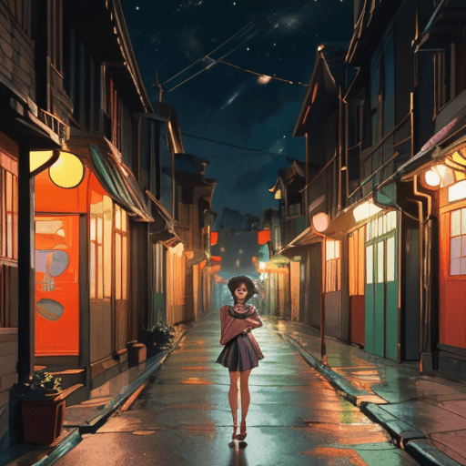 isometric street with  lo-fi japan environment houses an elegant girl standing. night