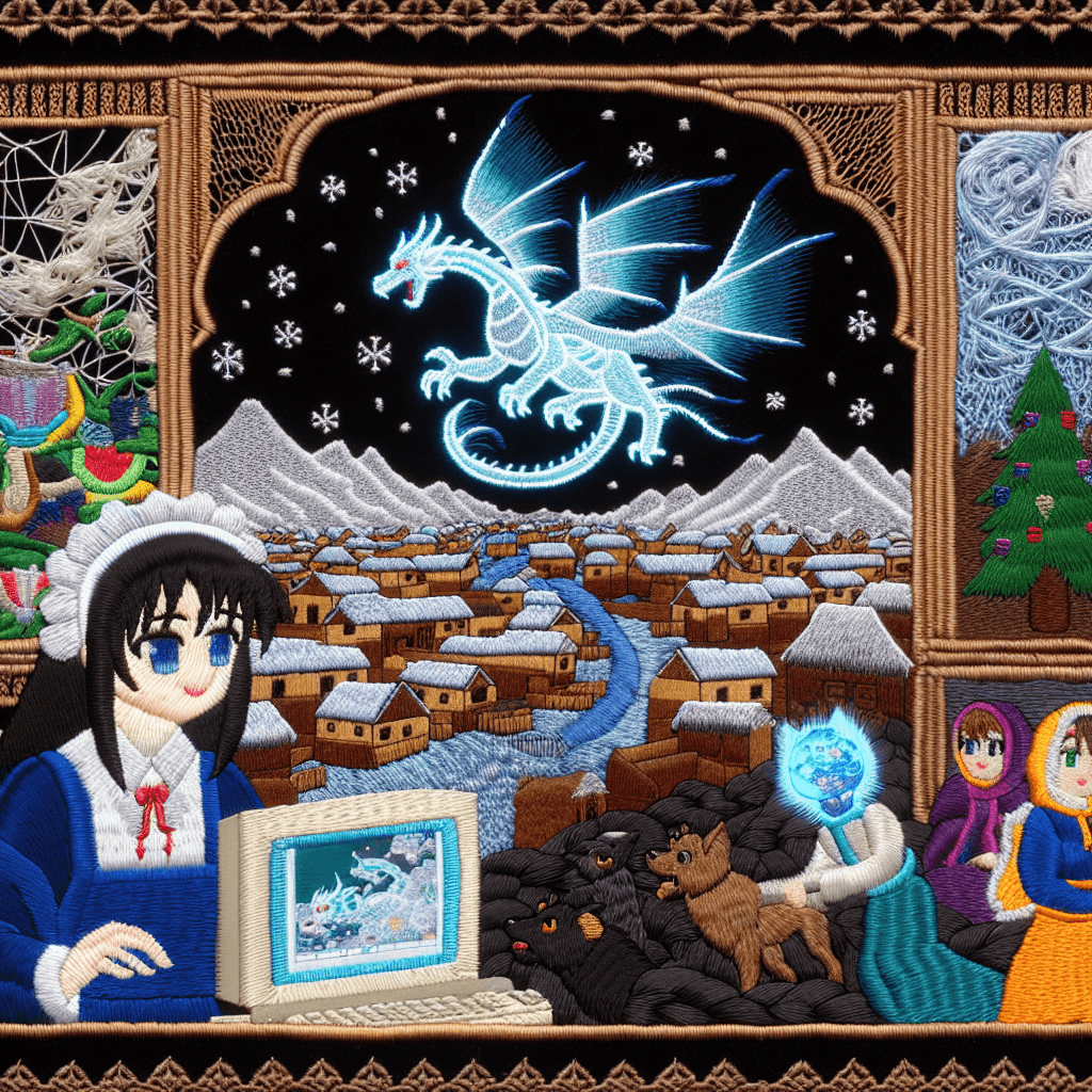 Imagine a fantastical 1990s aesthetic embroidered onto black velvet. In the image's forefront, there is an anime-styled girl with South Asian features, completely engrossed in a vintage computer. The monitor vibrantly displays a frosty blue dragon from a 3D game, majestically flying over a peaceful valley full of trees that are impeccably rendered in stitched threads. Around the computer are structures, including Indian restaurants and igloos, woven from threads. A separate digital screen displays a meticulously crafted blue ceramic cat image being shared on a social networking platform. The ambiance is dreamy and surreal, with the entire scene appearing as though it's composed of intricately stitched threads. Within this universe, visualize an embroidered cityscape. The walls are constructed from cords of threads. Inside the city perimeters is an office scene filled with numerous anime maid girls of varying descents, typing away on their laptops. Among these figures, there are unique goblin figures on wolves with fabric-like arms, machine guns, and bat wings. These green goblins wield distinctive spike clubs and engage with spiritual beings clothed in white robes made from baby blue threads. These beings retaliate by casting radiant thread-like spells. The centerpiece of this scenario is a fountain, entirely constructed from grey threads, that spouts flames. Every inch of this spectacle is meticulously woven using a variety of threads.