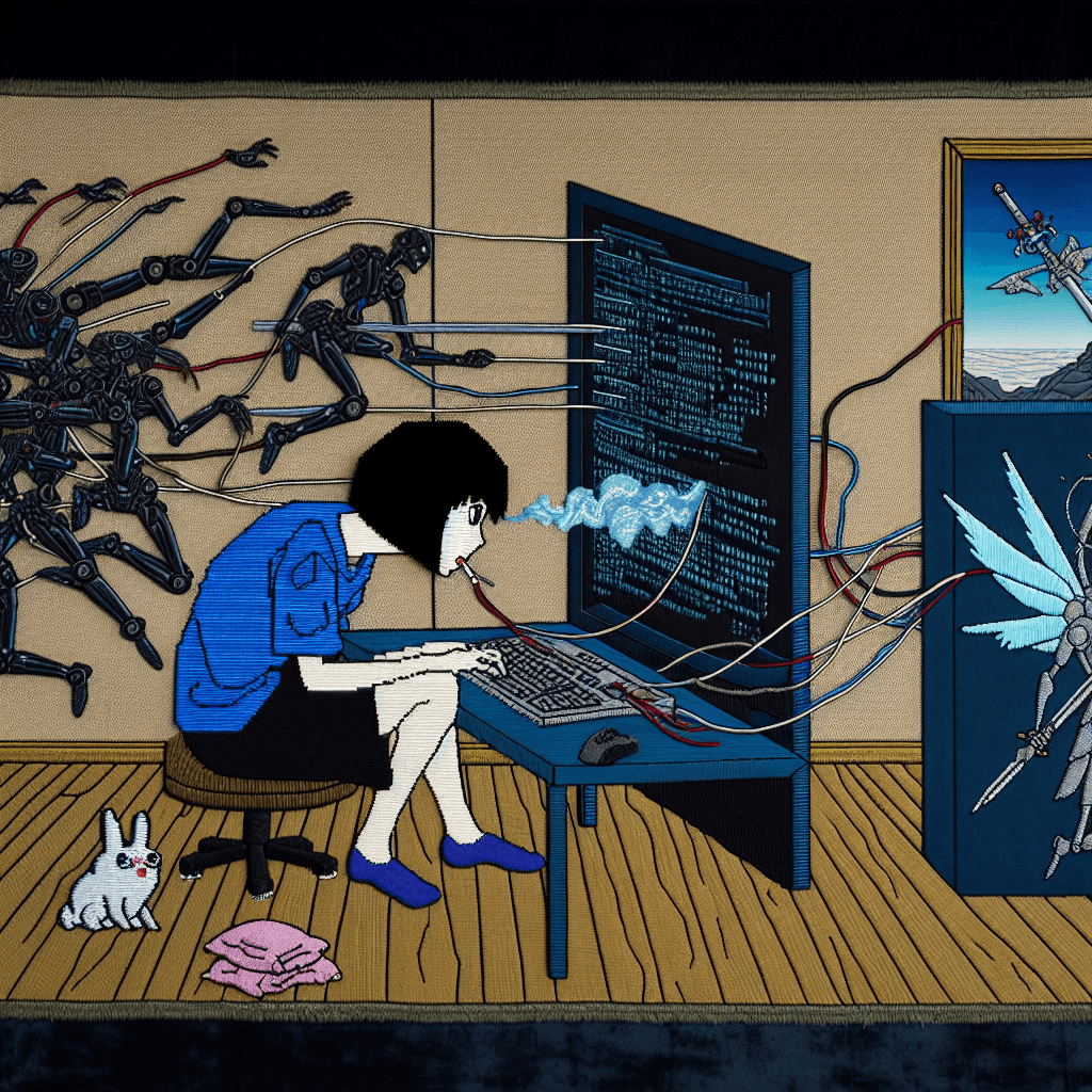 An intricate hand-stitched tapestry set against a stark black velvet backdrop displays a scene from a confined room. An East Asian woman with short black hair sits alone, her fingers rapidly moving across the keyboard, coding at her computer. She embodies a deep sense of complexity and solitude in her environment along with thin wires protruding from her back, blending her into the technological realm. As she smokes a cigarette absentmindedly, the smoke drifts upward, morphing into strands of binary codes. The tapestry detail extends to other features of her room: thread depictions of cybernetic angels locked in combat with spear-wielding goblins, an icy-blue dragon poster on the wall, and a soft plush bunny lying on the wooden floor. The cybernetics, and the characters are depicted in a highly characteristic manner reminiscent of anime.
