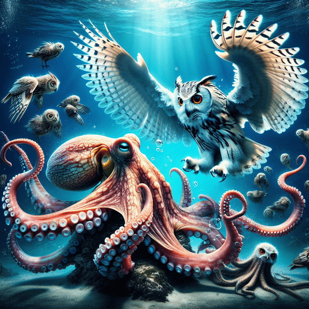 octopus fighting with an owl