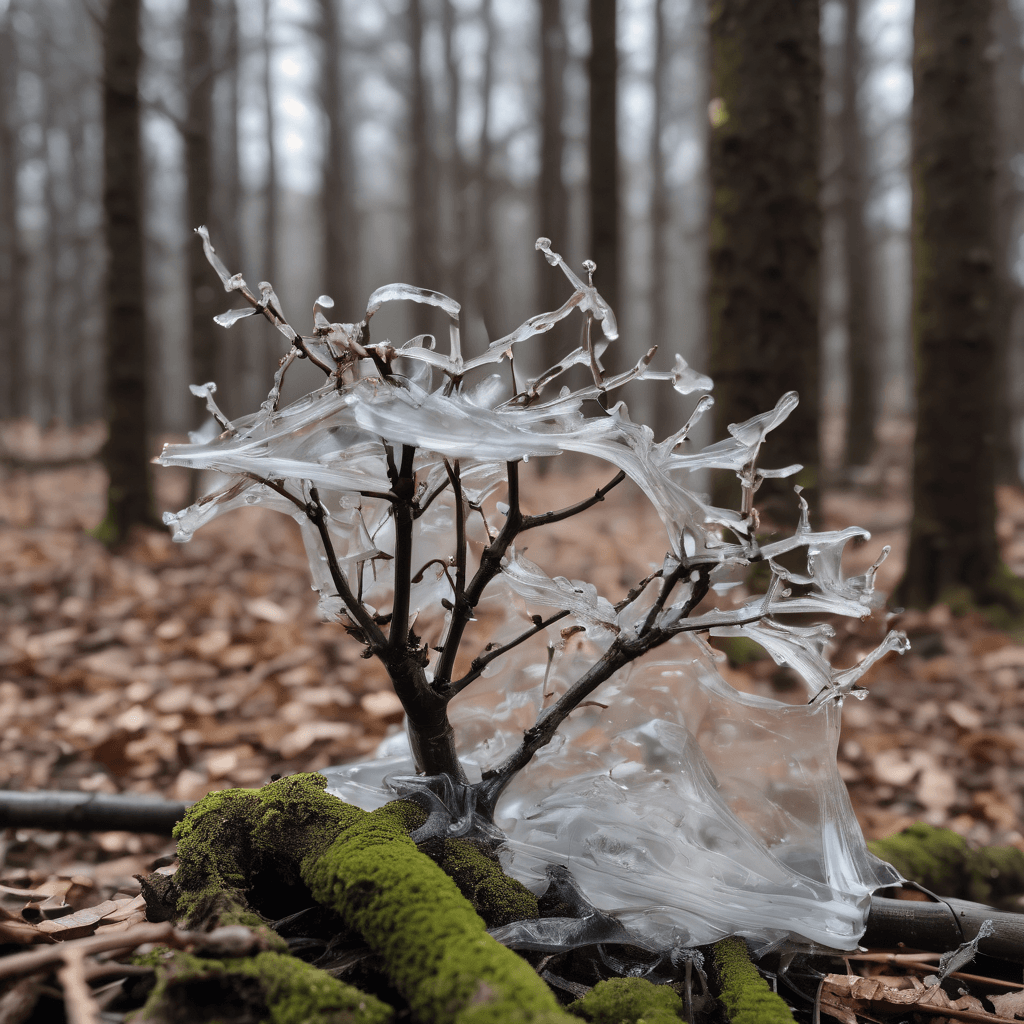 Picture of a piece of transparent plastic melting and oozing fluidly over a pile of small tree branches
