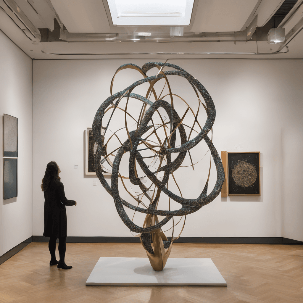 The sculpture may include a group of abstract figures, representing particles in the quantum world. The figures could be in a complex dance movement that seems to entangle, twist and intertwine with each other. This symbolizes the entanglement between particles.