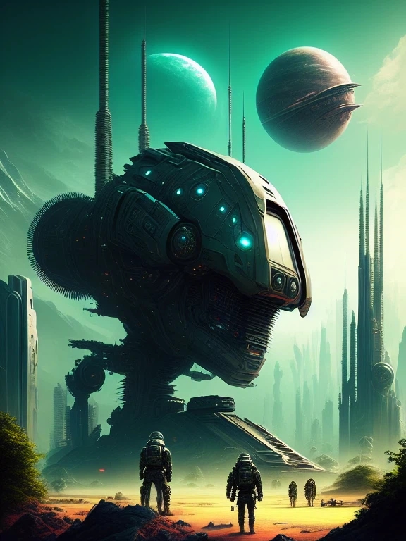 Futuristic book cover with science fiction genre, including aliens, futuristic robots, buildings, cities, creatures, animals, plants, vehicles