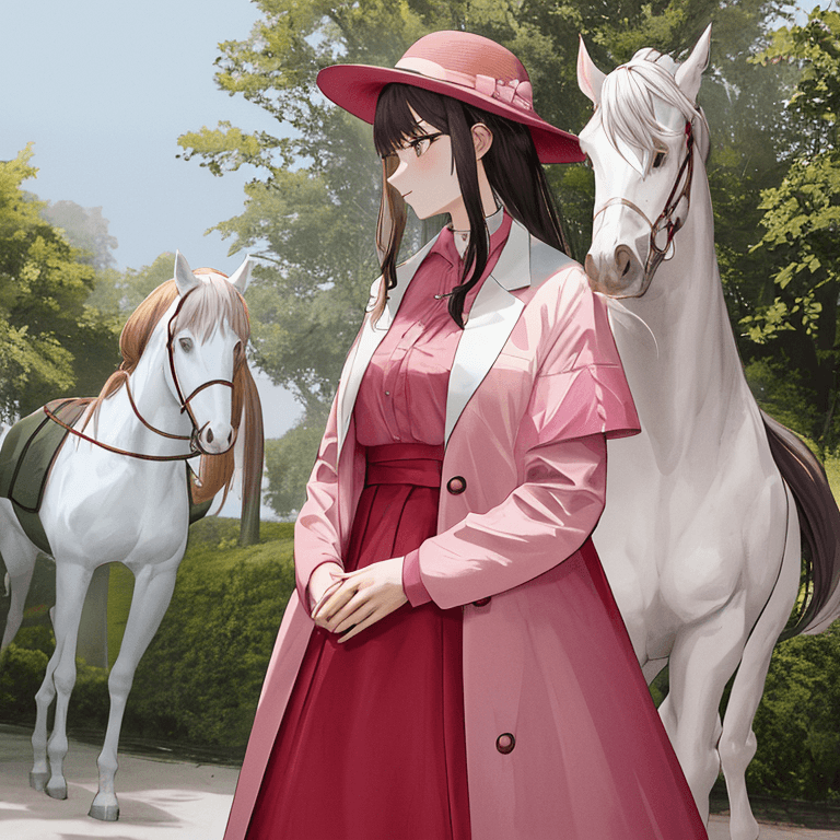 a woman in pink shirt standing next to a white horse