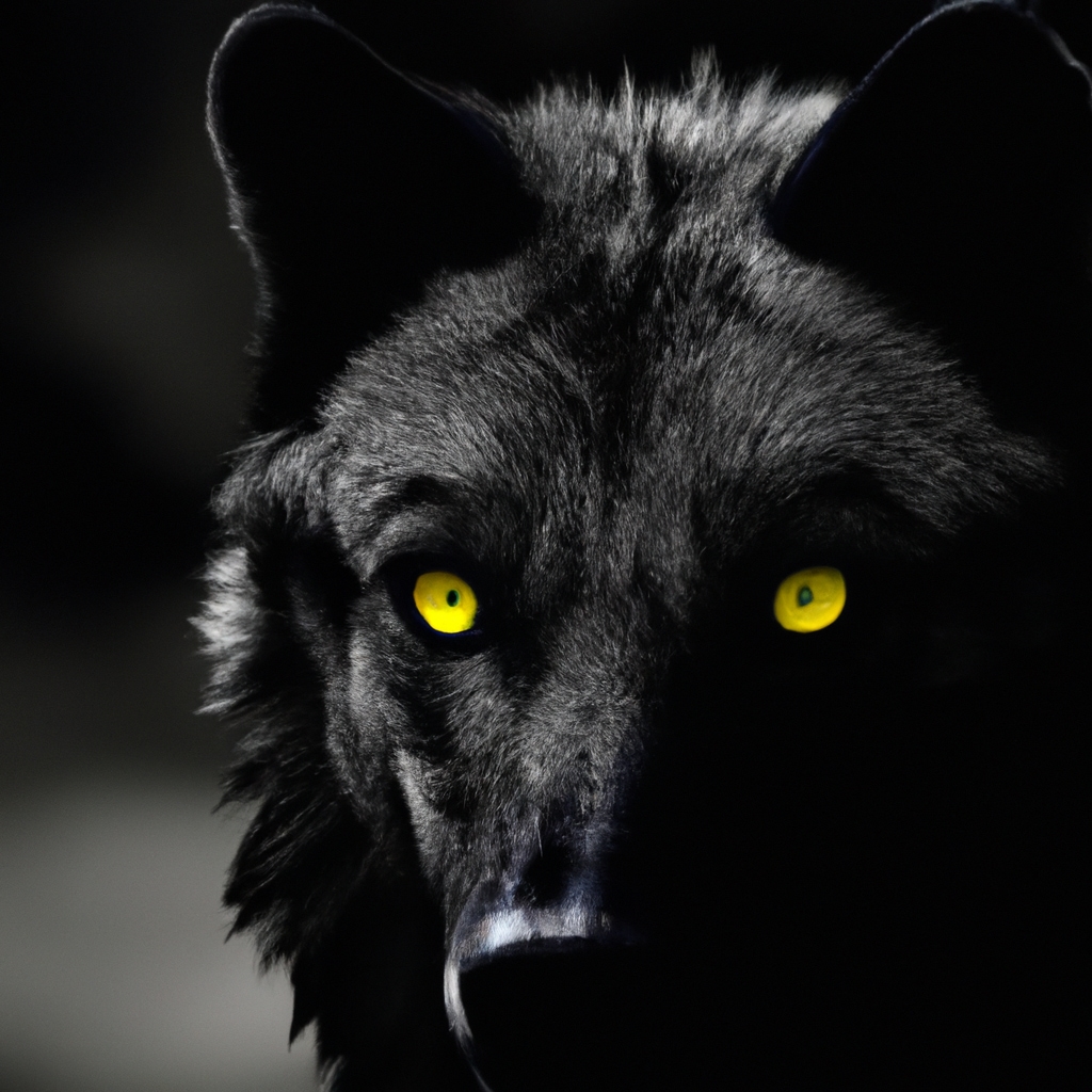 A photograph of terrifying black wolf has yellow shining eyes from side, realistic