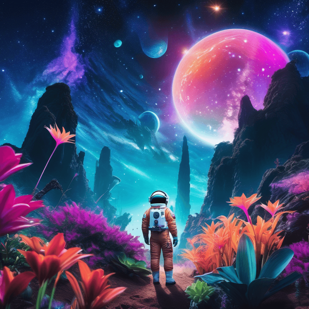 An Asian male astronaut discovering an alien garden on a distant planet. He's in awe, looking at exotic, luminescent plants under a starry sky. The scene blends futuristic space exploration with surreal, vibrant flora, illuminated by a nearby nebula's soft, multicolored light.