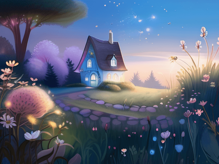Envision a scene straight out of a children's fairy tale. A whimsical meadow bathed in the soft glow of twilight, with fireflies dancing around and a quaint cottage in the distance. The palette should be awash with pastel blues, pinks, and soft golden hues. This dreamy and gentle landscape symbolizes a comforting introduction, perfect for a starter business or service offering.