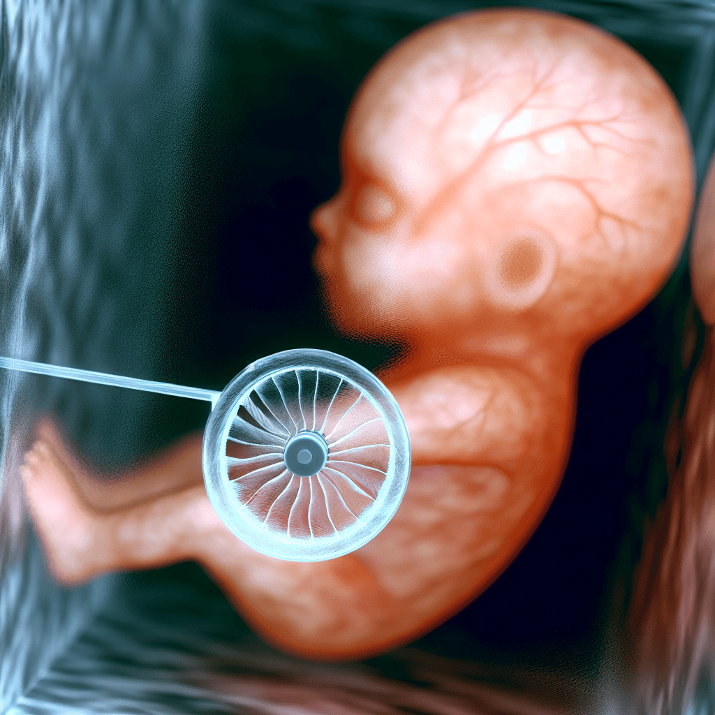 On a translucent surface, a fetus figure is visible with veiny details. On the back of the fetus, there is a semi-circular wheel resembling a dream-like square.