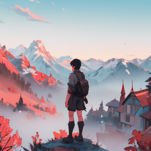 A young adventurer standing at the edge of a quaint village, looking towards distant mountains, early morning light.