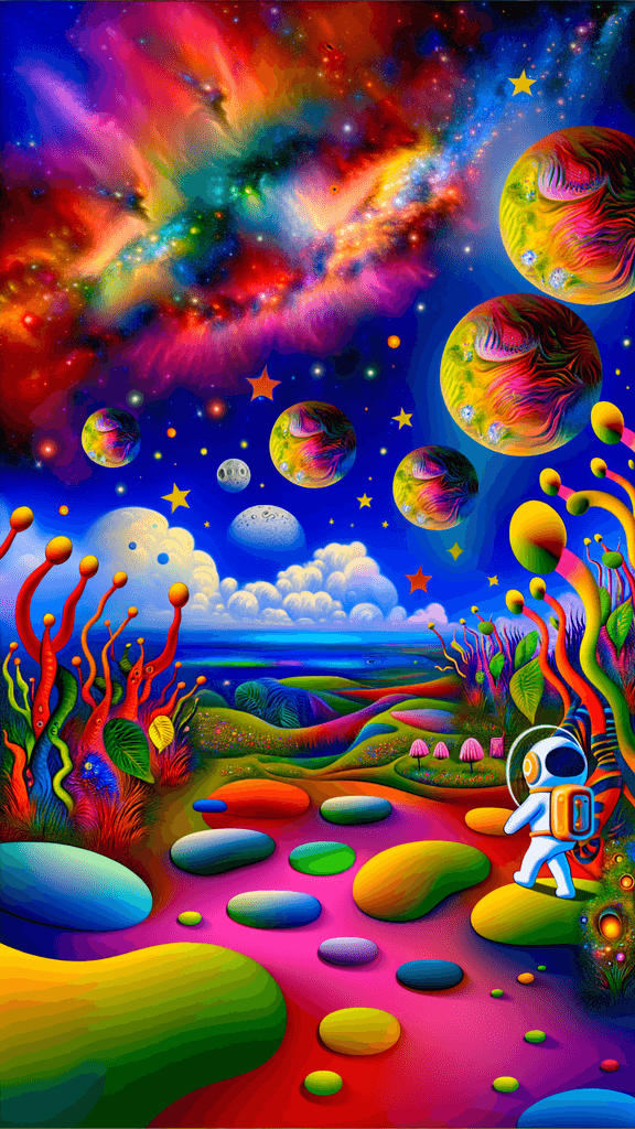 a whimsical and vibrant digital painting of a cat astronaut exploring a colorful, surreal alien landscape, with fantastical plants and floating islands, under a sky filled with multiple moons and a distant galaxy, in a style blending Studio Ghibli and Salvador Dali