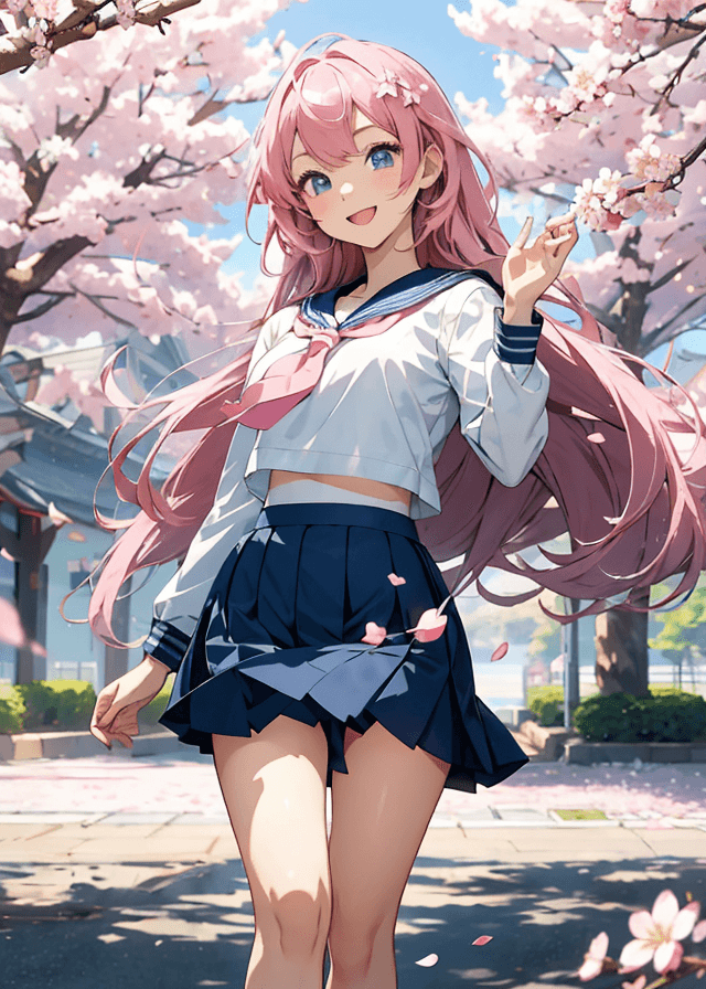 A cheerful anime girl with long, flowing pink hair and bright blue eyes. She wears a classic sailor-style school uniform with a navy blue skirt and white top. The setting is a cherry blossom park during spring, with petals gently falling around her