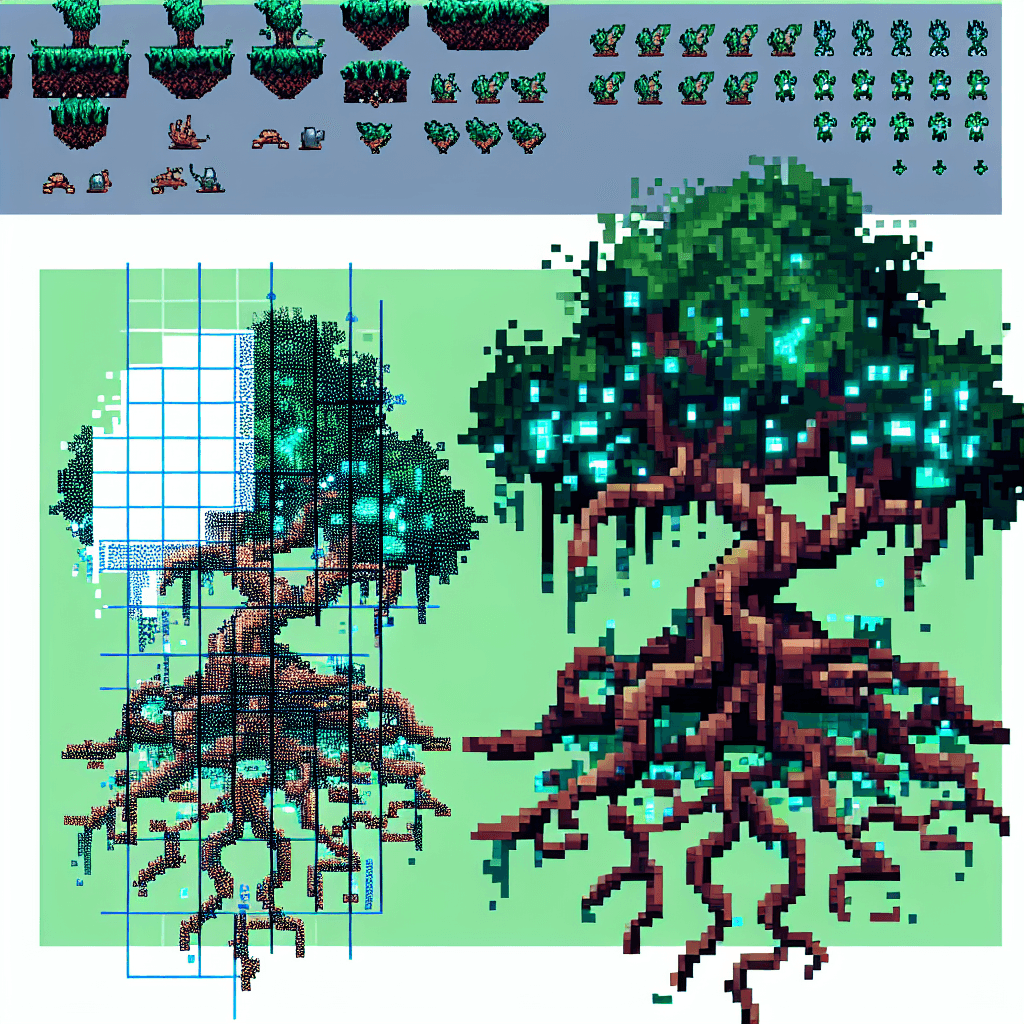 Create a pixel art image that is stylized for a retro video game. The asset should be an enchanted tree with mystical glowing leaves, fit for a fantasy forest setting. The tree trunk should be thick and gnarly, with visible roots intertwining at the base. Above, the canopy is lush with leaves that emanate a soft bioluminescent glow in shades of emerald and teal. Small, magical creatures such as fairies or sprites should be subtly perched within the branches, adding to the whimsical feel of the tree. The art must be isometric to fit in with other isometric game assets, and it should be highly detailed to stand out at a small 32x32 size when scaled down. Please render this image in charming 8-bit style, with clean outlines and a distinct palette limited to 16 colors to capture the nostalgic essence of classic video games.