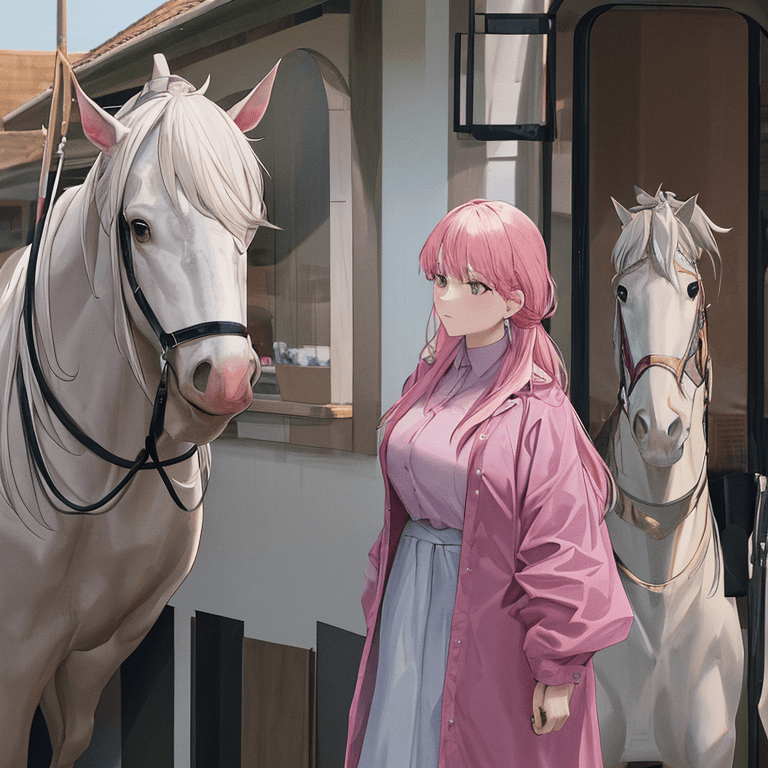 a woman in pink shirt standing next to a white horse