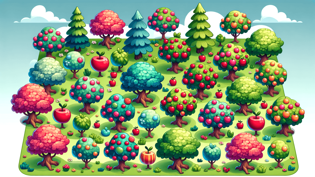 A set of colorful, friendly-looking 2D trees in landscape mode suitable for a children's mobile game. The trees should have a cartoonish style with exaggerated features like big leaves and bright colors. Include a variety of types such as apple trees with red apples, tall pine trees, and whimsical trees with unusual shapes and patterns, ensuring all trees fit within the frame without being clipped. The designs should be simple yet engaging, with clear outlines and a cheerful aesthetic to attract and entertain young players.