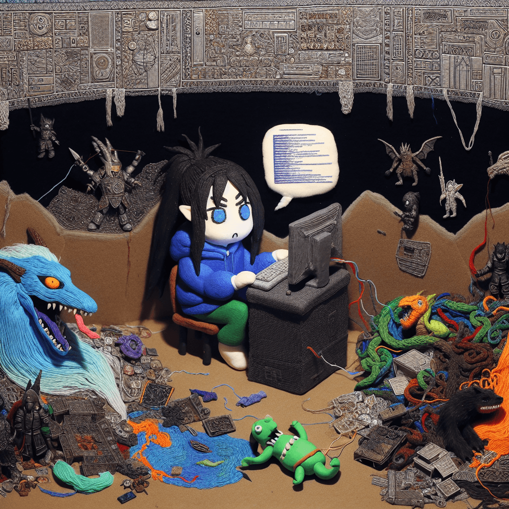A Chibi-style play-dough figure of a girl with long black hair is programming on a computer in a dungeon corner. She is surrounded by a plethora of computer components, scrap metal, and toys reminiscent of fantasy video game creatures. A goblin lies atop this pile, relaxing. Above, Wizard goblins and werewolves, their deadly weapons drawn, are engaged in a fierce battle. The scene transitions to a panoramic universe, meticulously embroidered with colorful threads on pitch-black velvet fabric, reminiscent of traditional Inuit embroidery art. This detailed work of art represents animals, plants, architectural structures, and various creatures interconnected and coexisting harmoniously. Additionally, there’s an embroidered image of a computer screen, projected on which is a depiction of a young woman with messy blue hair in a late 90s anime girl style, surrounded by discarded pizza boxes and cigarette ashes. Finally, a woven metallic castle is depicted with numerous silver threads, surrounded by thorny walls of brown and orange. Adorning this wall, embroidered archers drawn from pre-1912 Inuit art are in a festive dance amidst an environment flushed with trees and exotic plants. A vivid blue stitched lake hosts an advanced ship in the picture, its mechanical details threaded in grey and metallic tones. Gold-threaded cybernetic angels control black and silver devices aboard, around which flock white herons stitched overhead. On the forest floor, a richly woven cipher shows a conflict between a green-threaded goblin army and a diverse group of embroidered warriors representing Caucasian, Hispanic, Black, Middle-Eastern, and South Asian descent, each rendered in threads symbolic of their heritage.
