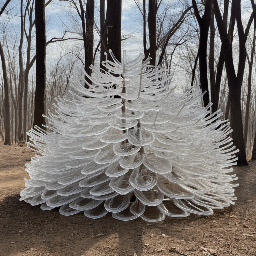 A stack formed by the accumulation of many thin tree branches, on top of which fluid melted plastic forms can be seen. These fluid forms can provide transparent permeability while flowing.