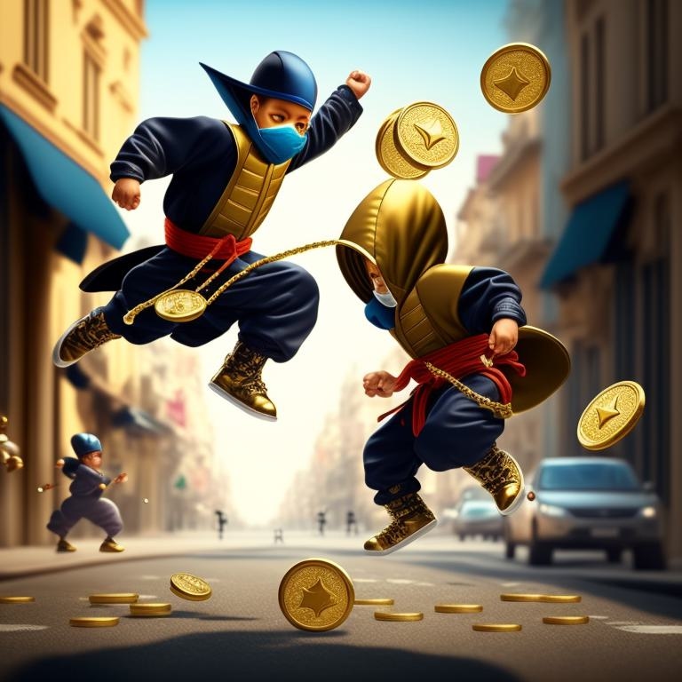 Jumping 3 ninja catching gold coins and diamonds in the street